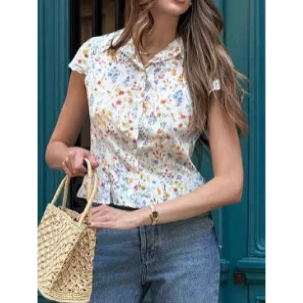 ZARA Womens Summer French Gentle Style Floral Print Lace Trim Collar Shirt